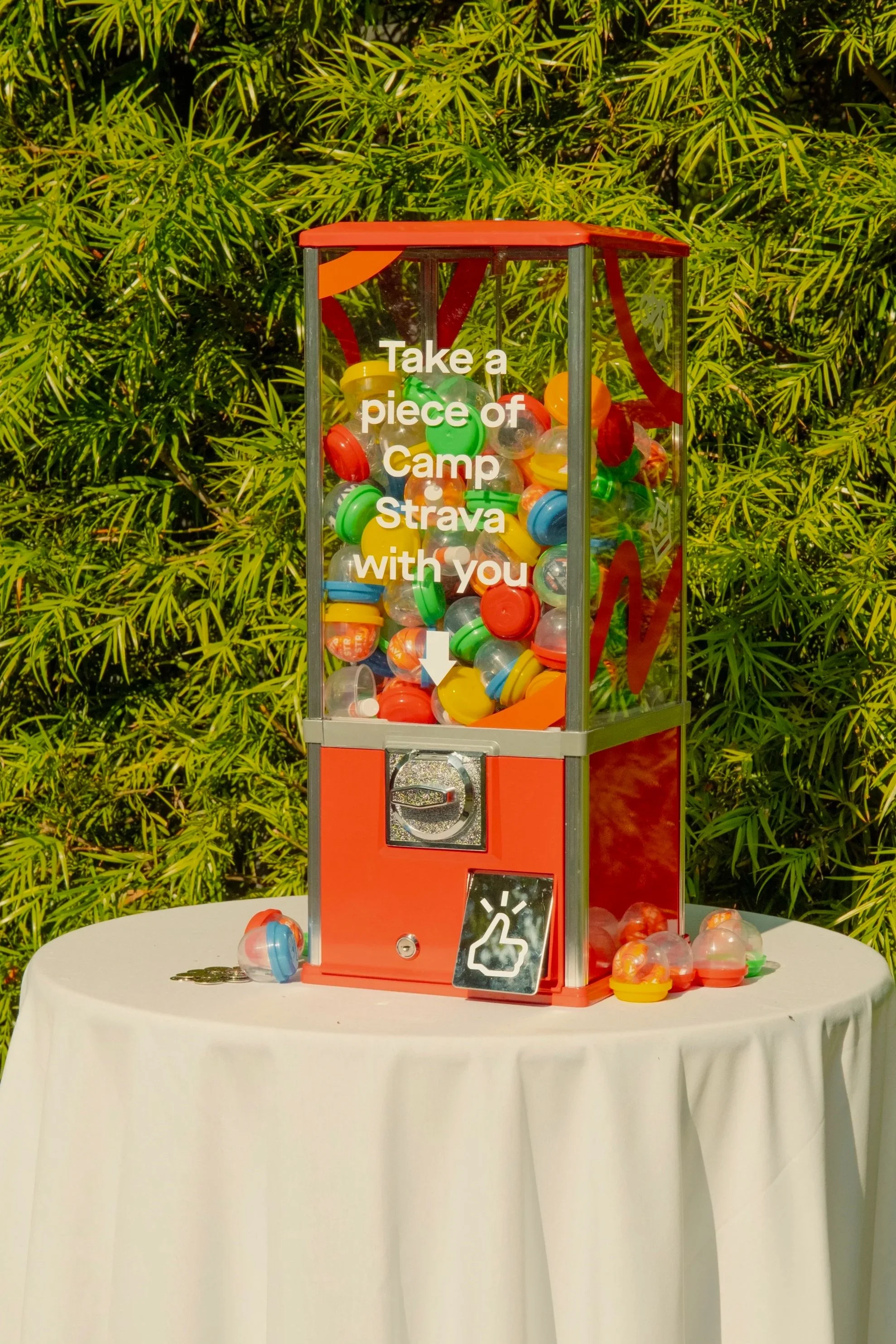 A gumball machine filled with colorful plastic gumballs, with a sign on it that reads, 'Take a piece of Camp Strava with you,' set on a white tablecloth-covered table against green foliage background.