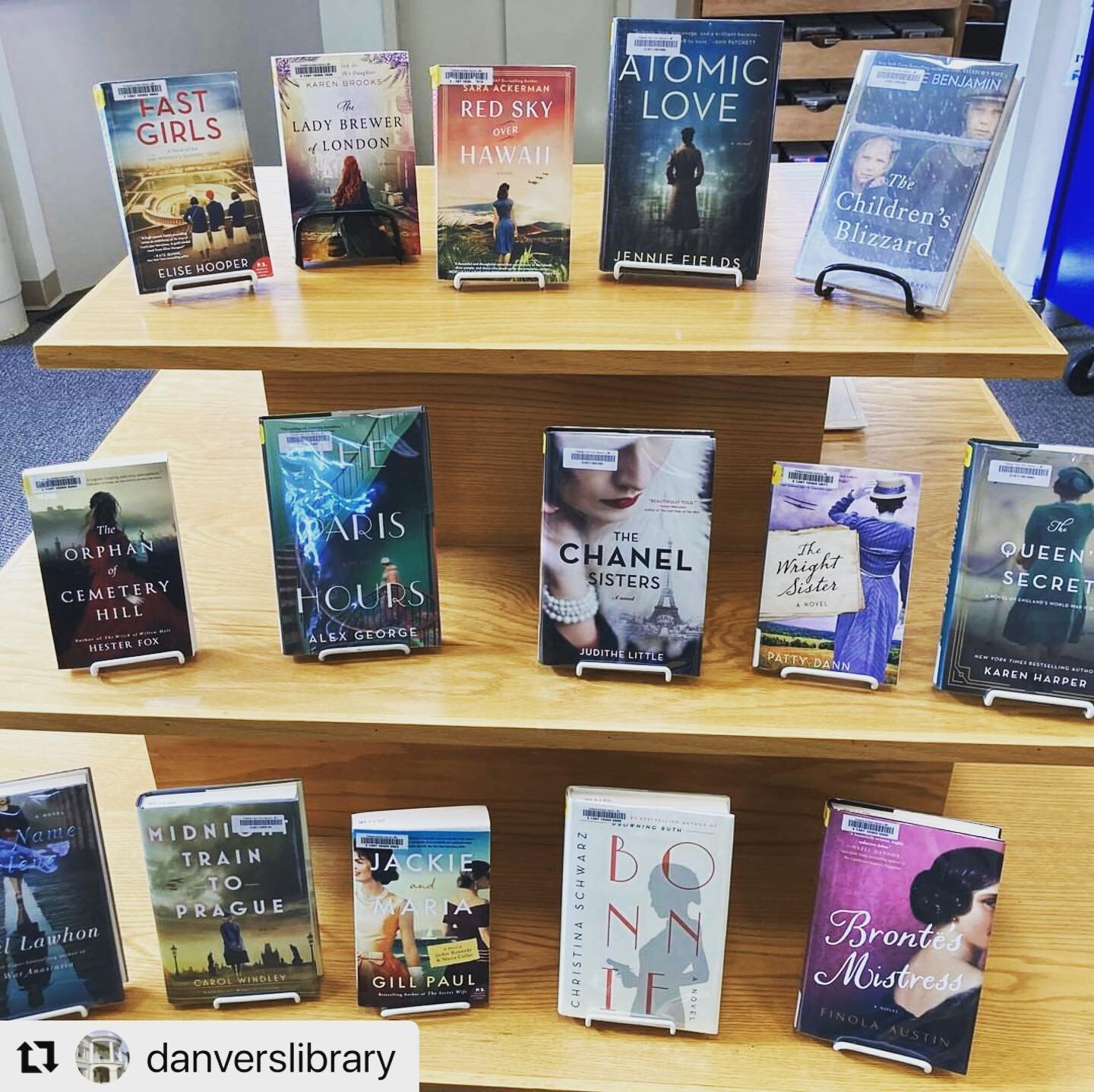 After spending so much of my life in libraries, it almost doesn&rsquo;t seem real to come across my own book on display. Thank you @danverslibrary. Especially glad to see The Chanel Sisters in such great company, including @elisehooper and her novel 