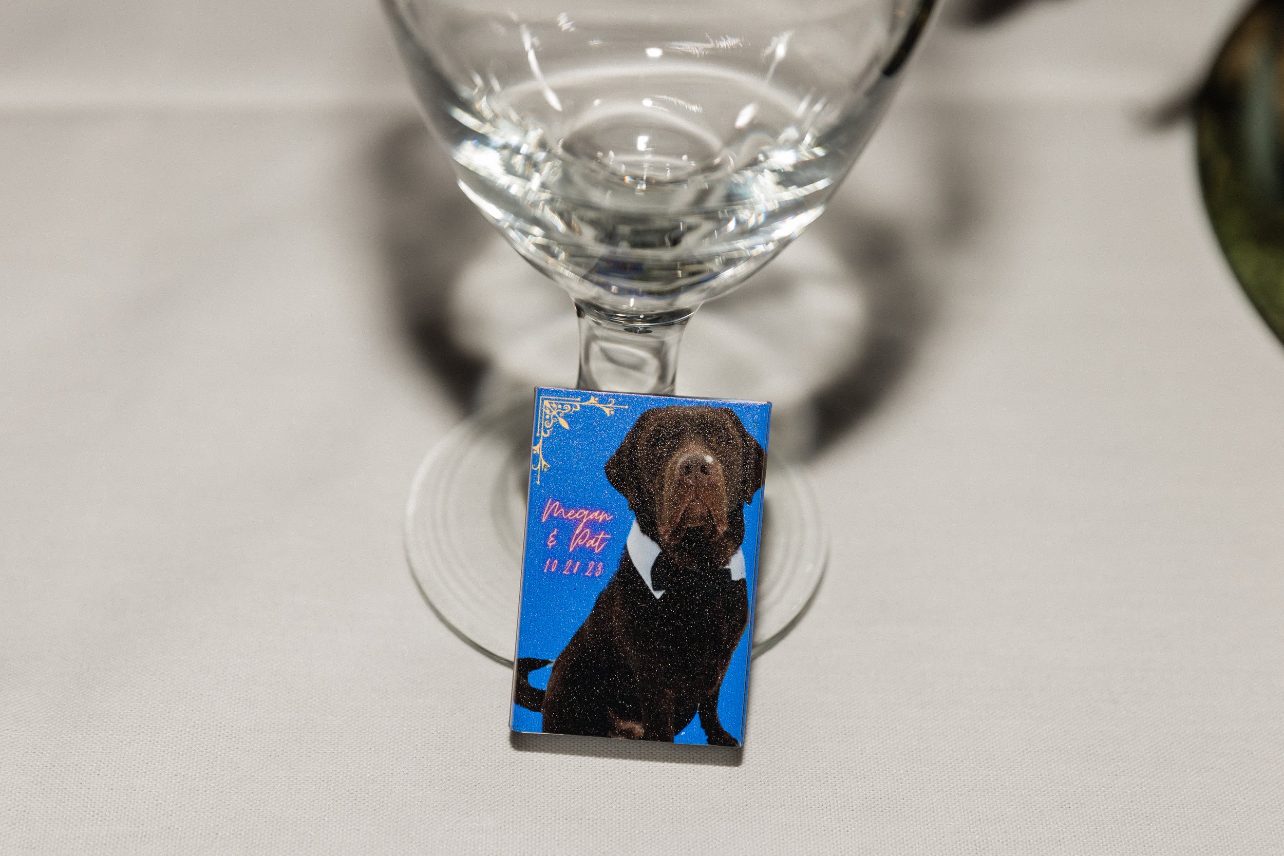 Custom dog portrait match stick boxes for wedding favors.