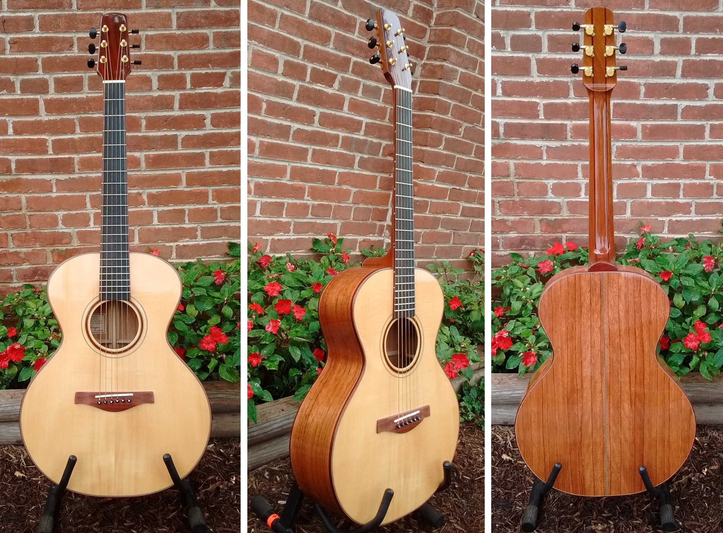 Handcrafted guitar by Thomas Roeger of Bloomington, IN Top : Adirondack Spruce, Back/Sides : Red Zebra, Neck : Mahogany, Bridge/Trim : Bloodwood, Fretboard : Ebony Regular Price = $2100 , 10% off this weekend only!