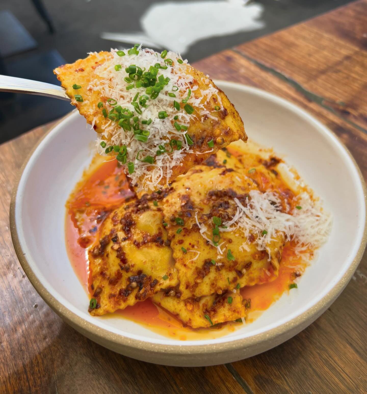 Pasta Wednesday Special! 🍝 

Ravioli Stuffed with Fresh Mozzarella, Roasted Bell Pepper, Corn and Chives. In a Brown Butter Sauce with Chili Crisp and Parmigiano Reggiano 

Tonight only! 
&bull; Happy hour 3-6 🍕 🍻 🍷 🌱
&bull; Take-Out is always a