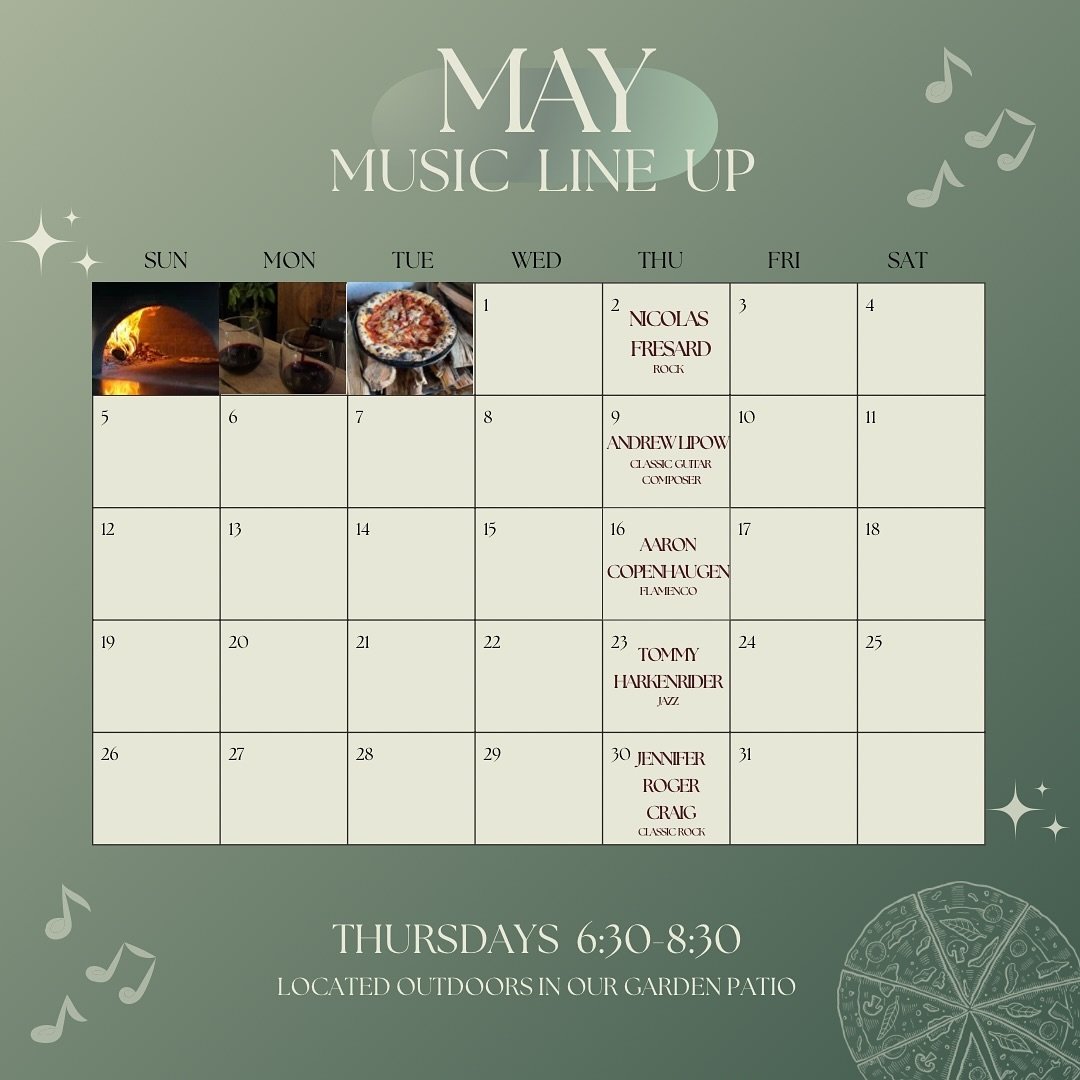 We&rsquo;re so excited Live Music is back! 🎶 🌘 ✨ 🍕 🍻 🍷 

Join us every Thursday 6:30-8:30 in our Garden Patio for all of the tunes. Nicolas Fresard is kicking us off tomorrow 🎸 

Our Hours: 
Mon-Thurs 3-9pm.
Fri-Sat 12-10pm.
Sun 12-9pm.

See yo