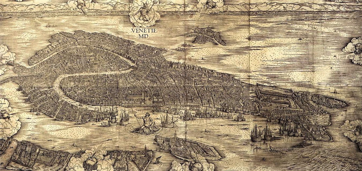 Jacopo de' Barbari's map of Venice, made in 1500. The map is nine feet wide, and so detailed that you can see exactly what each part of the city looked like in the early sixteenth century.