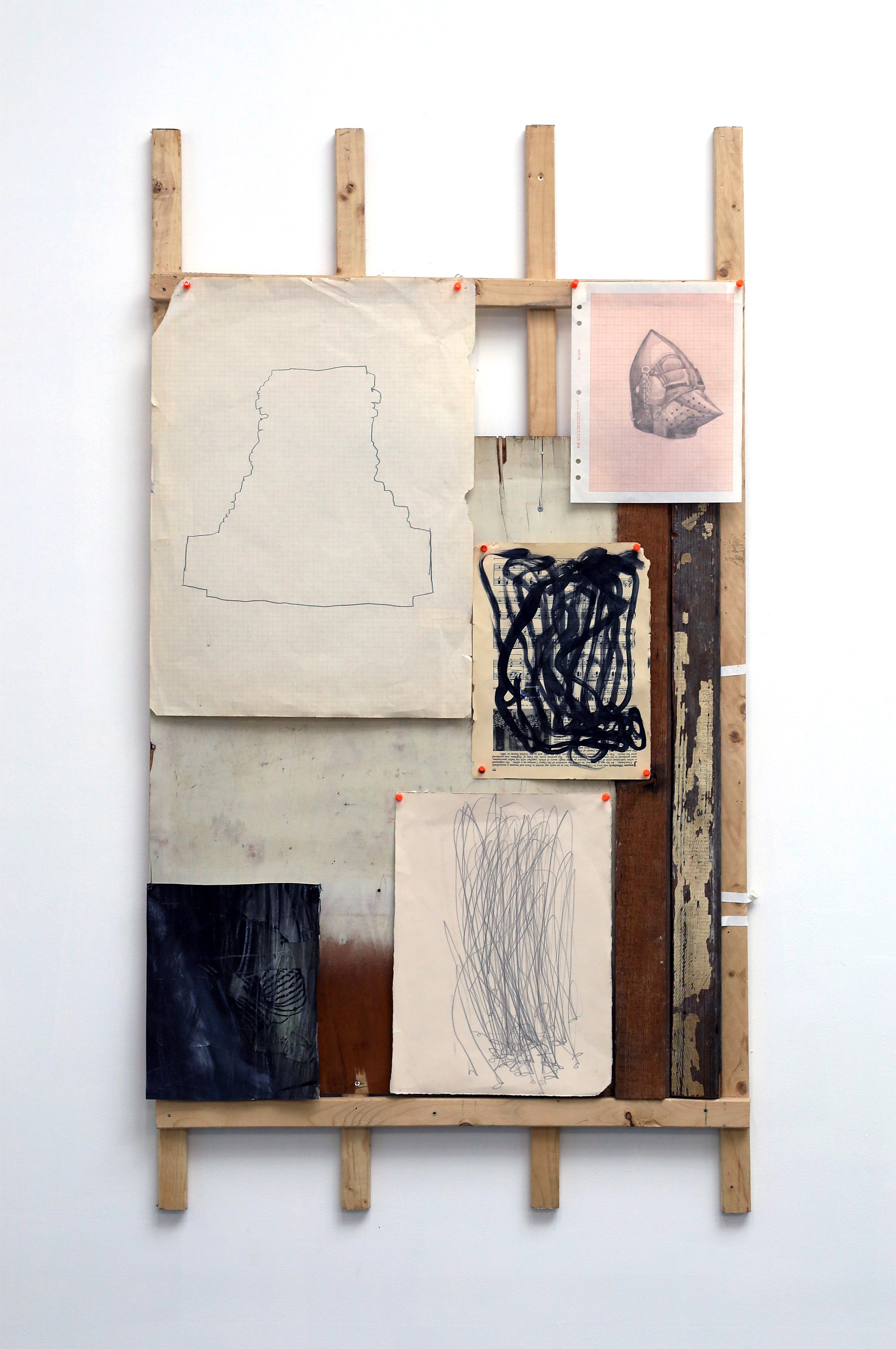  55”x32”, assemblage with reclaimed wood, graphite,  sumi ink, and mixed  mixed on found paper, on  wood lattice, 2023 