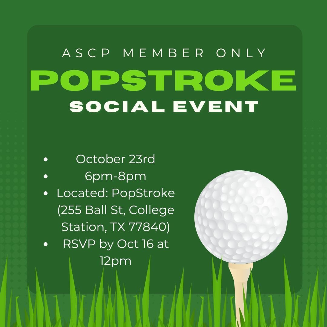 Howdy Ags! Time to buff up your ⛳️ skills at our PopStroke Social Event! It'll be held on October 23rd from 6-8pm. Please note that this event is ONLY for current ASCP Members! RSVP at the link in our bio or swipe to see the QR code 👍