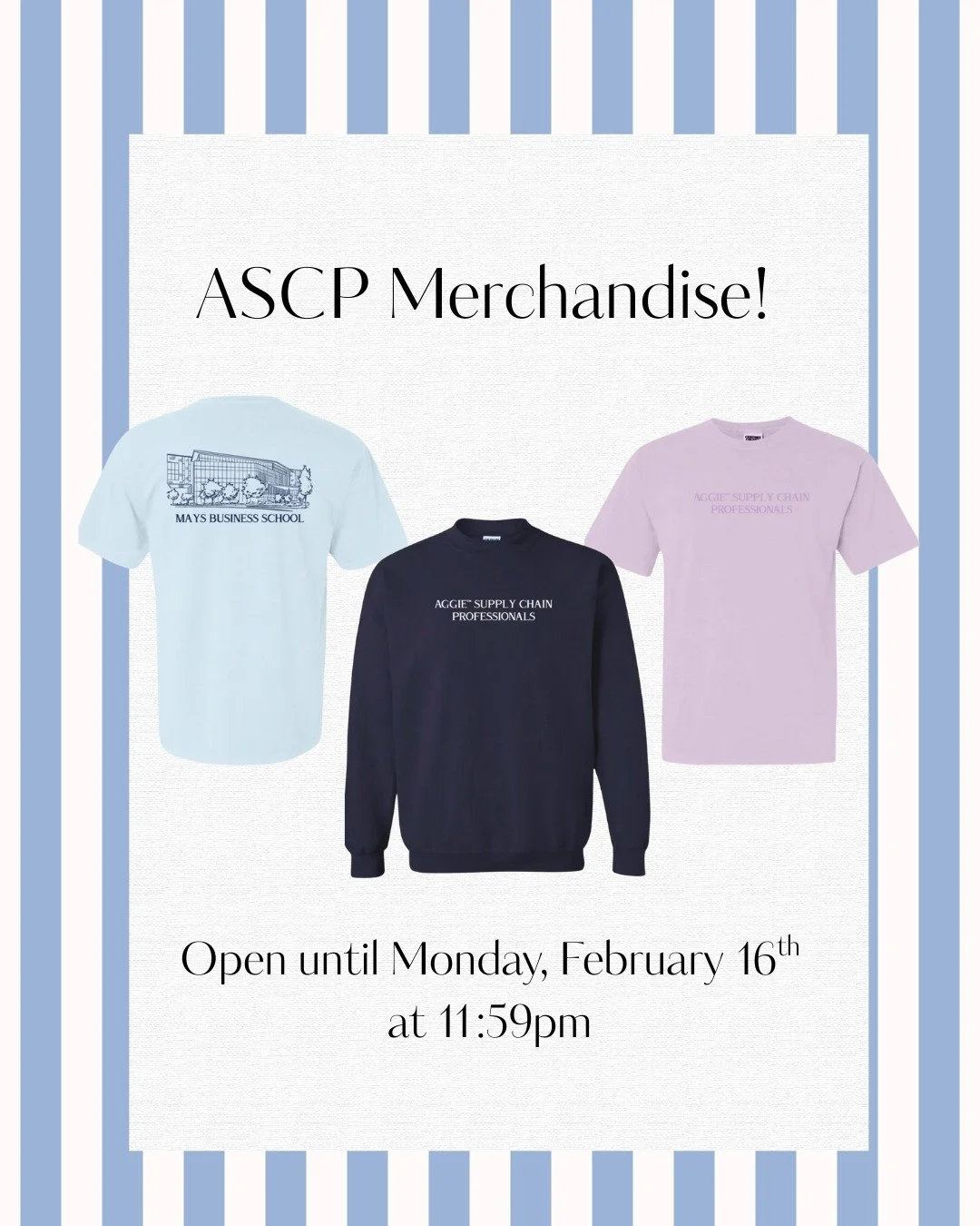 Howdy Ags! Our Spring 2026 Merch drop is LIVE!! 🎉 Make sure to go grab your ASCP merch before it closes next Monday! 👍

We have multiple material options and as more people order, the price goes down, so go buy yours now! Pickup will be on West Cam