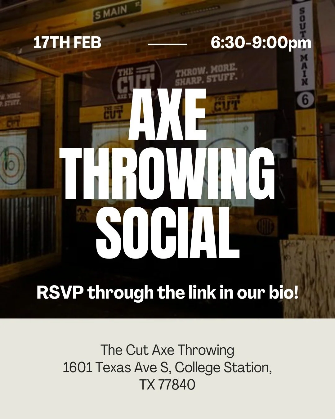First social event of the semester! Come hang out with ASCP at The Cut Axe Throwing next Tuesday 2/17! 👍