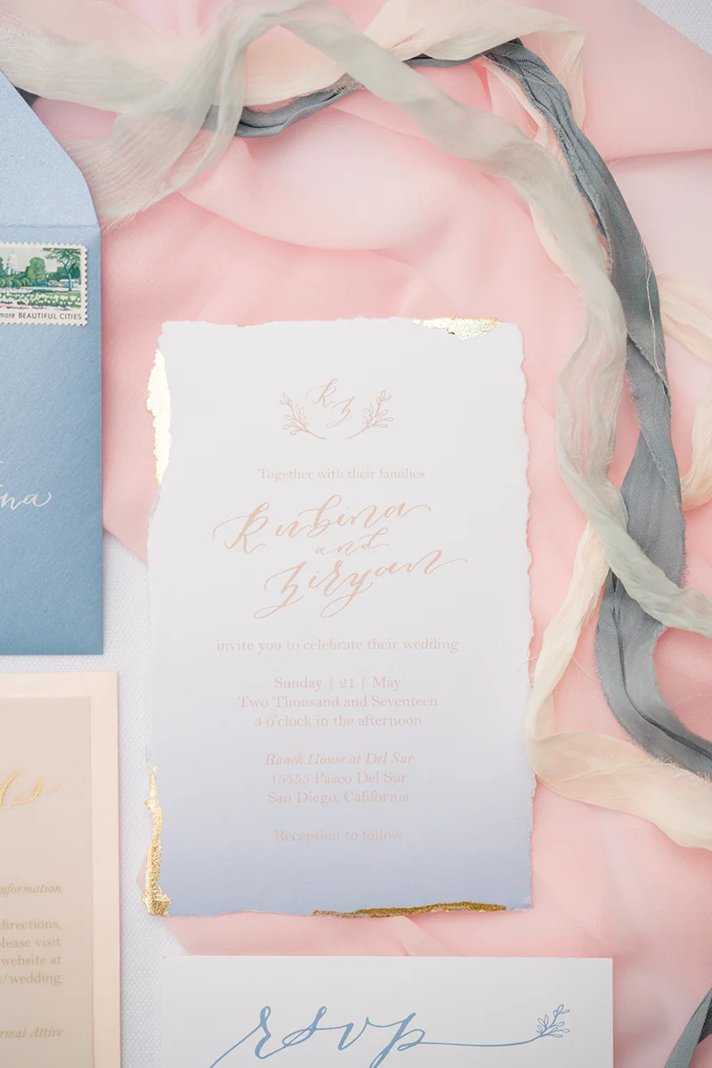Cotton Paper with Deckled (torn) edges and Gold Leaf Photo by Shane and Lauren Photography