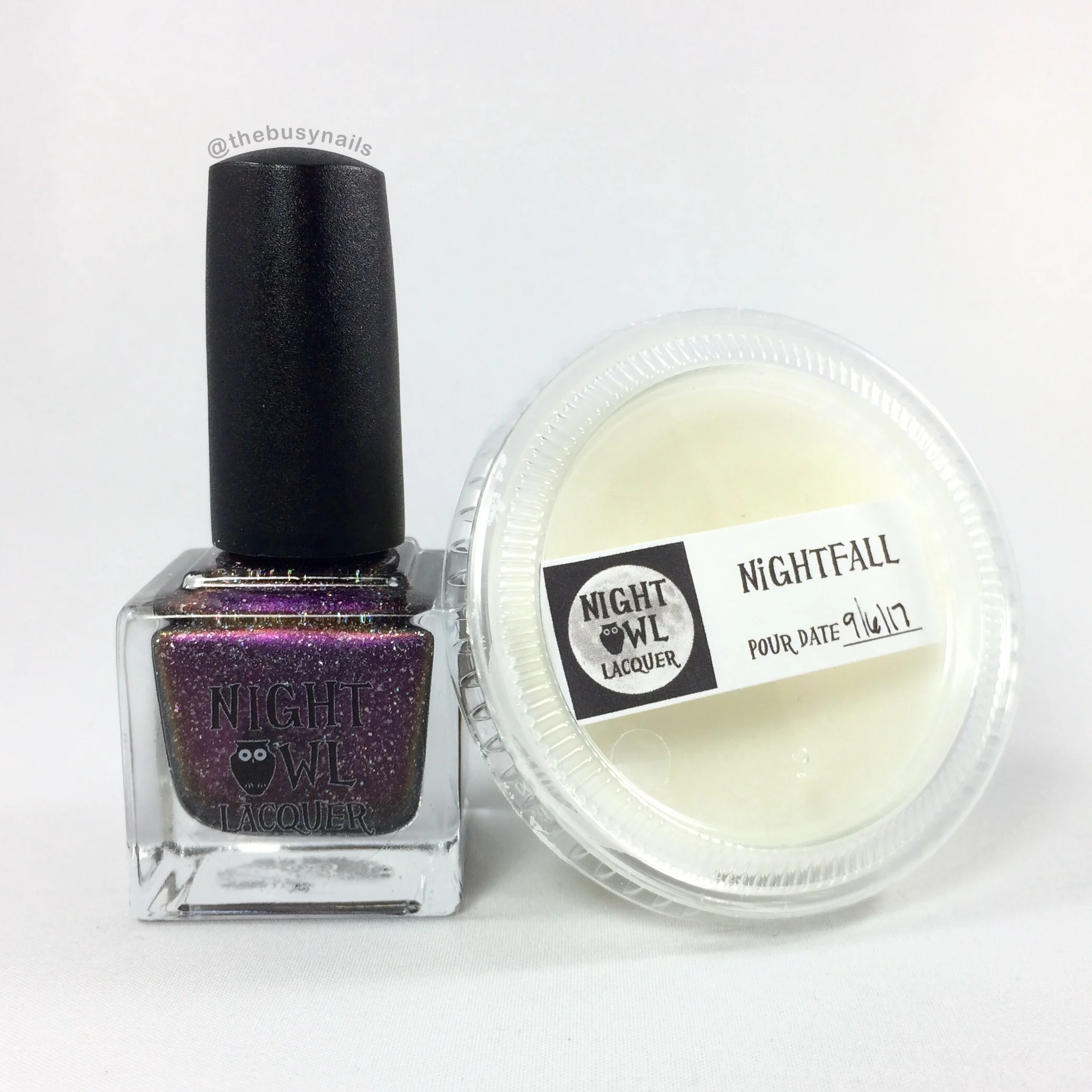 "Nightfall" polish and wax melt. (Maker note: the wax melt packaging will likely change. It will be in the oval containers and will probably be colored.)