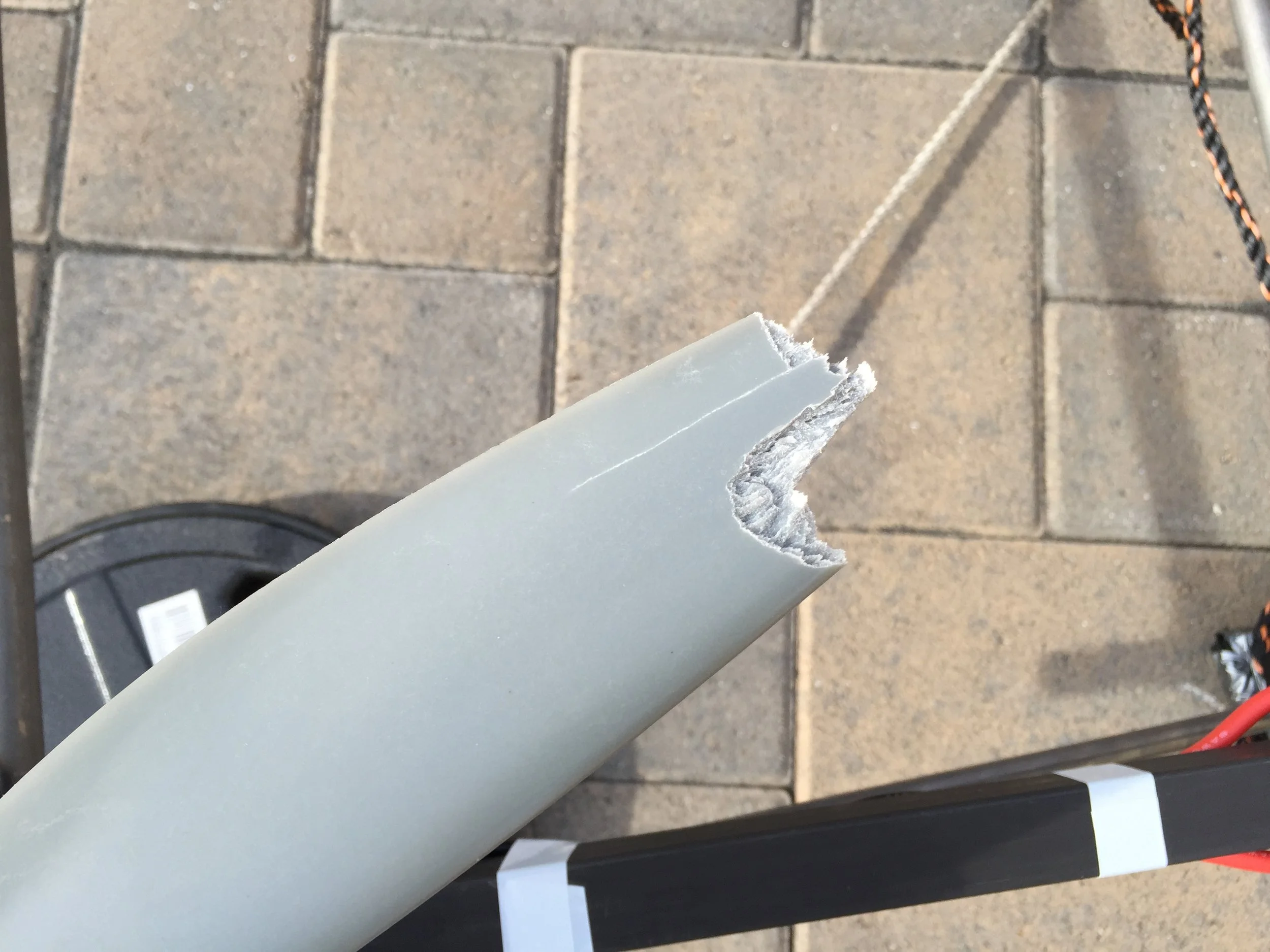  Damage from flight test #2 - the propeller tips were sheared off 