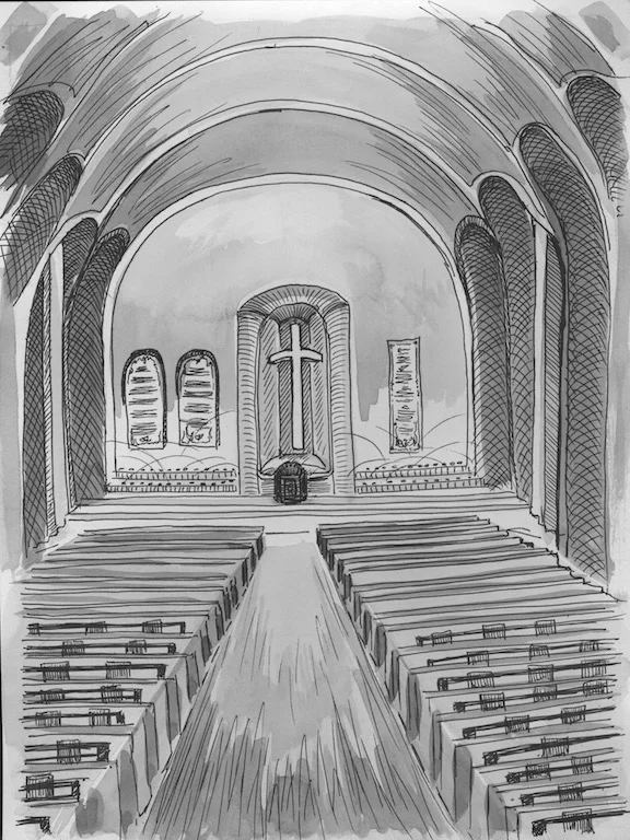 I am in an empty church. 