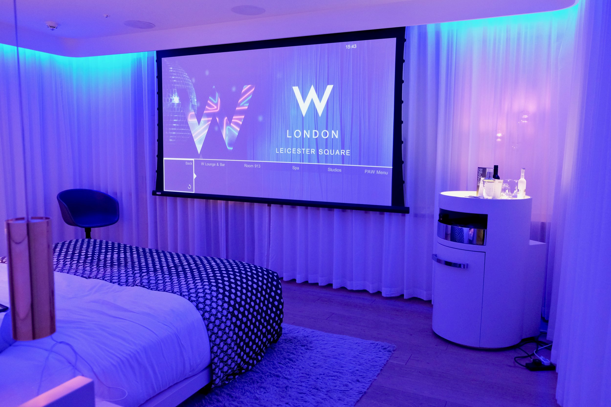 The mood lighting in the room can be manually changed into different colors and you can also have the colors change according to the audio layers of the film you're watching. 