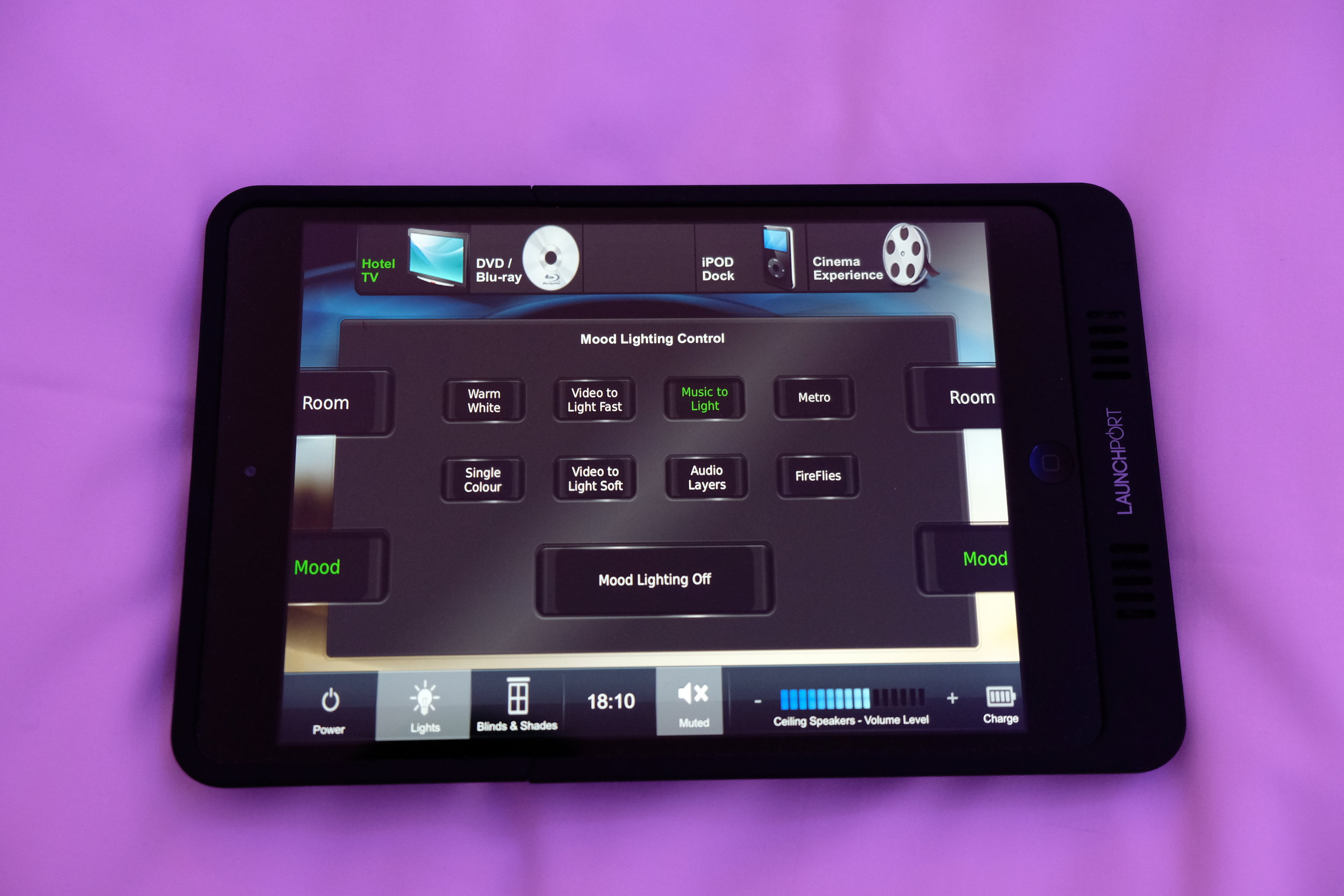 The iPad allows you to control the lighting, tv, curtains, blinds, and mood lighting in the room. 