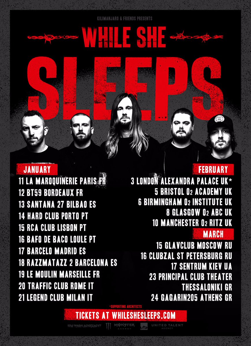While She Sleeps at the O2 Ritz in Manchester on February 10th 2018. Tour Dates Poster