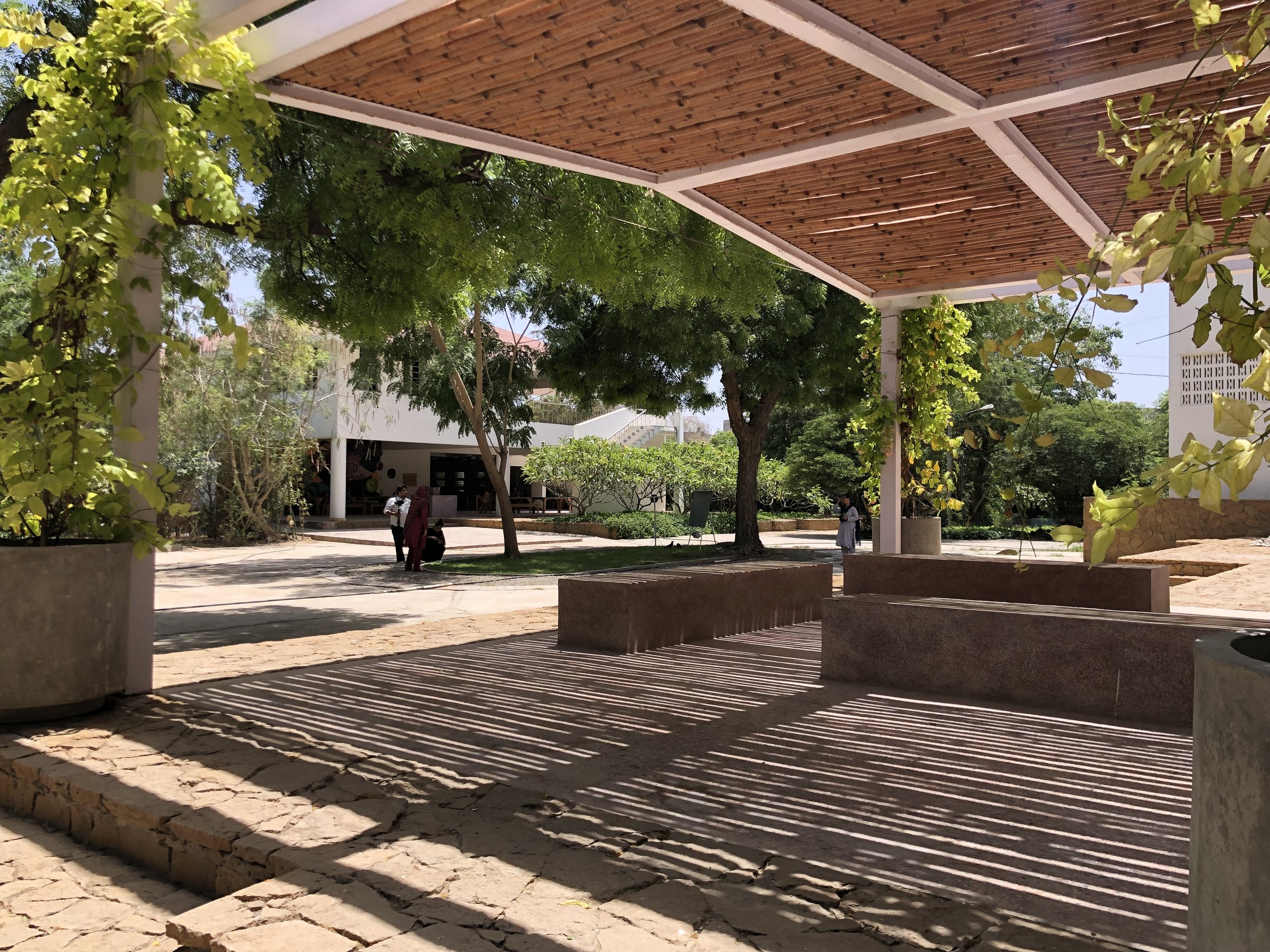 Pergolas of steel and bamboo create shaded spaces for social interaction