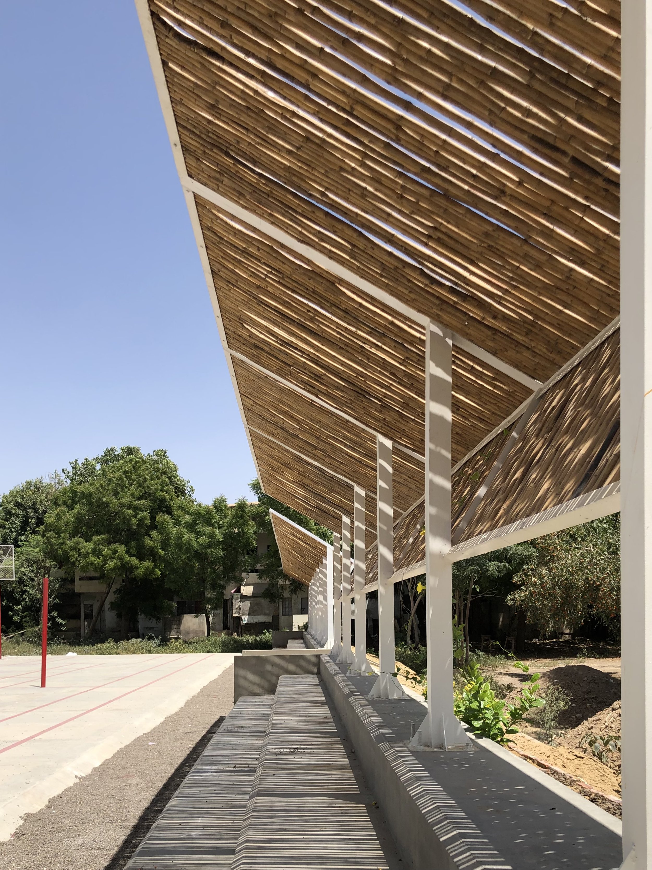 Shaded bleachers at the volleyball court