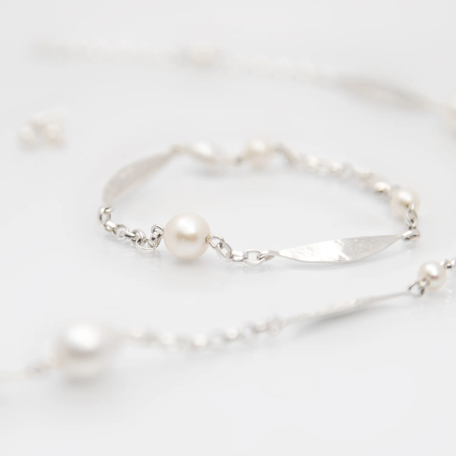 Designer silver and pearl bracelet by martina Hamilton Leaf Collection handmade jewellery from Ireland