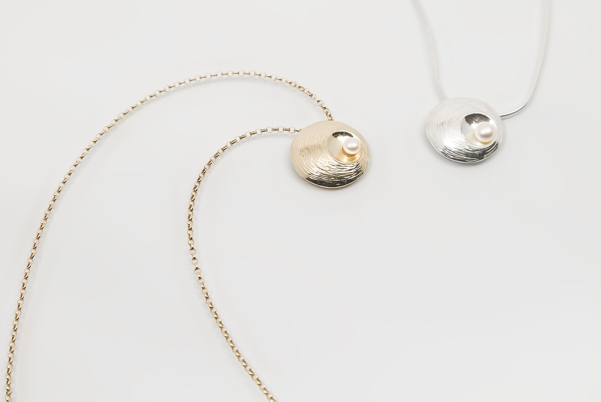 Martina Hamilton Oyster Pearl Collection pendants in solid gold and hallmarked sterling silver.