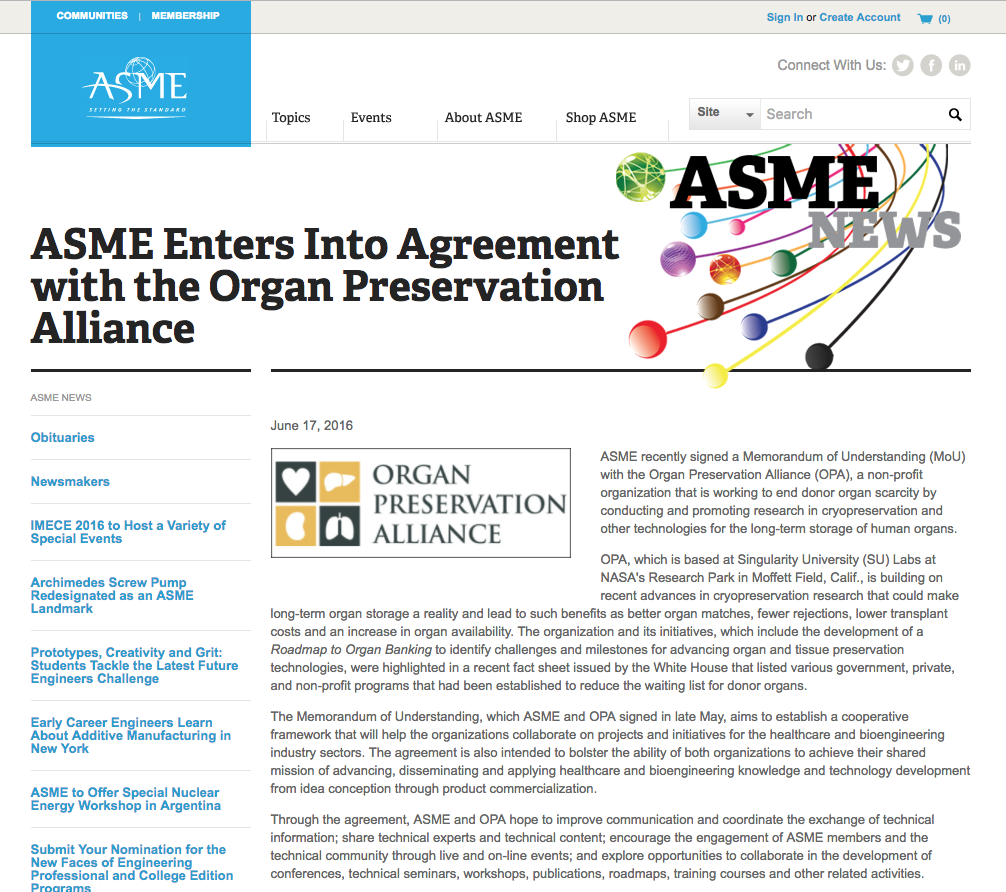ASME Enters Into Agreement with the Organ Preservation Alliance
