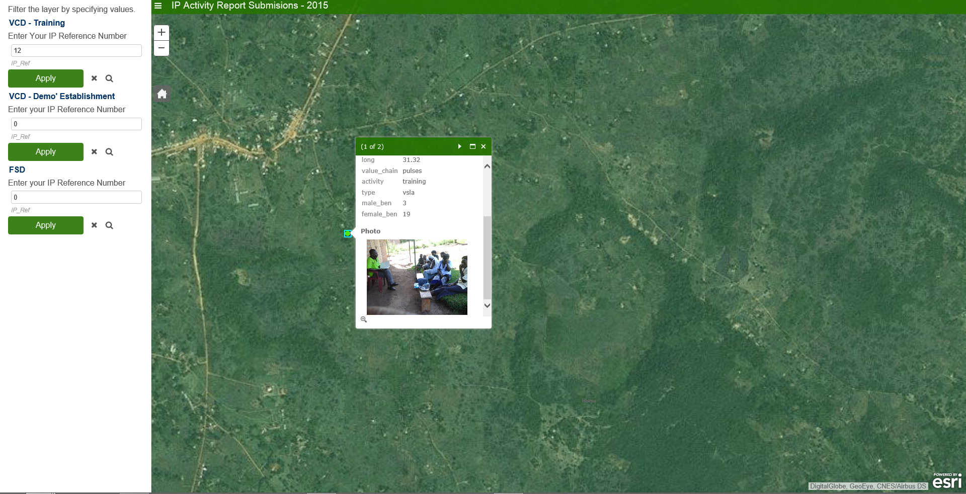 Users can click on a point in the map to see details on activities implemented by farmers organisations.