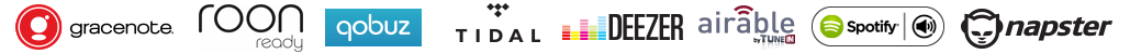 Gracenote, Room Ready, Qobuz, TIDAL, Deezer, Airable, Spotify, Napster