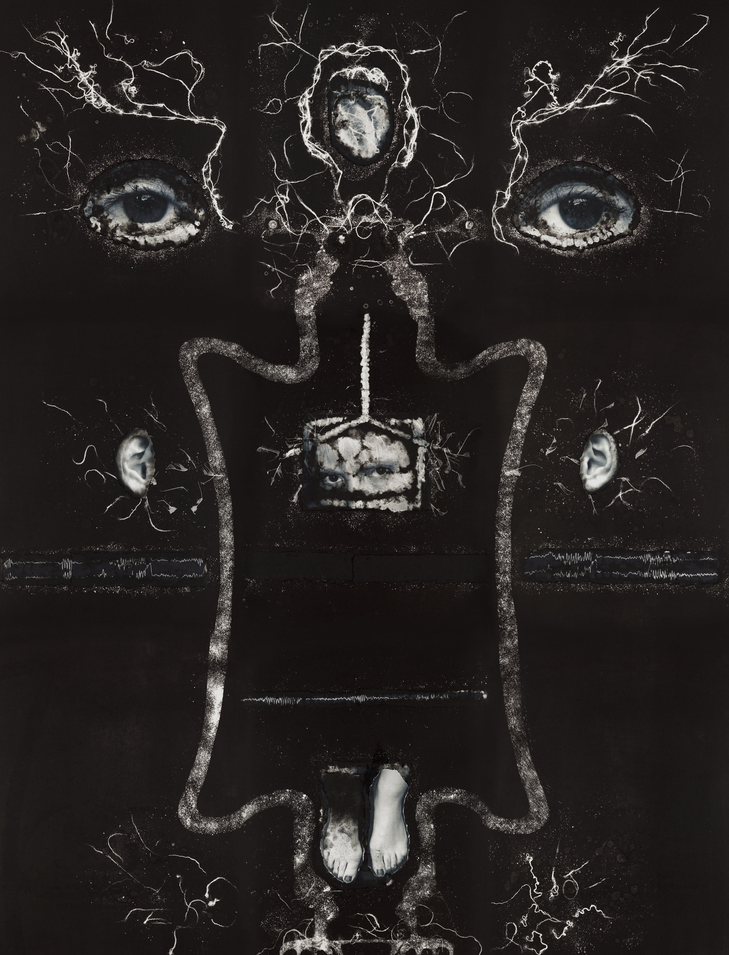 Fiona, installation of 9 monotypes, 195 x150cms, 2013. These portraits of people with epilepsy were first shown at the National Portrait Gallery, London in 2013 in the solo exhibition Susan Aldworth: The Portrait Anatomised.