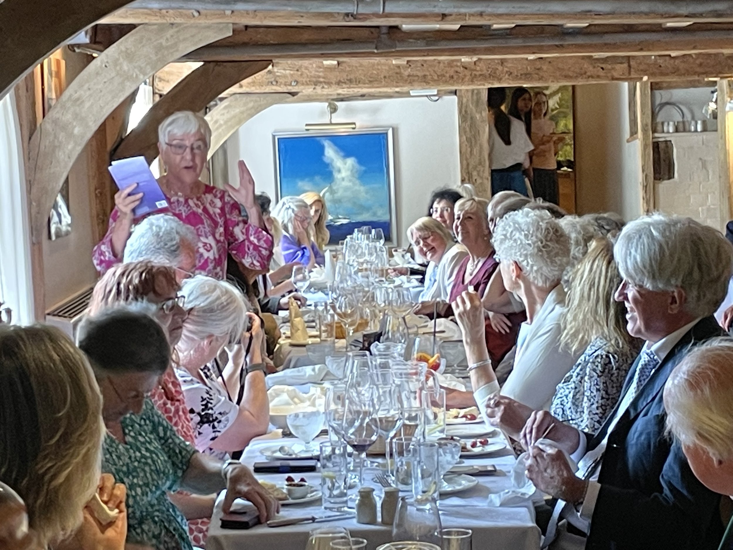 Seona Ford and members of the Society at the meal before the performance of Busman's Honeymoon at the Mill at Sonning.
