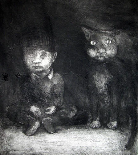 Boy and Cat, Etching