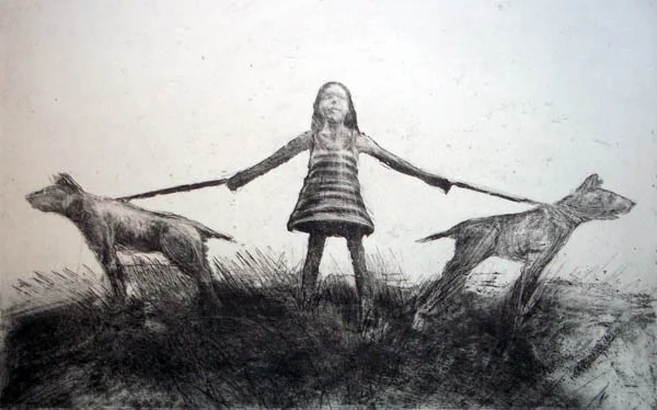 Girl and Two Dogs, Etching