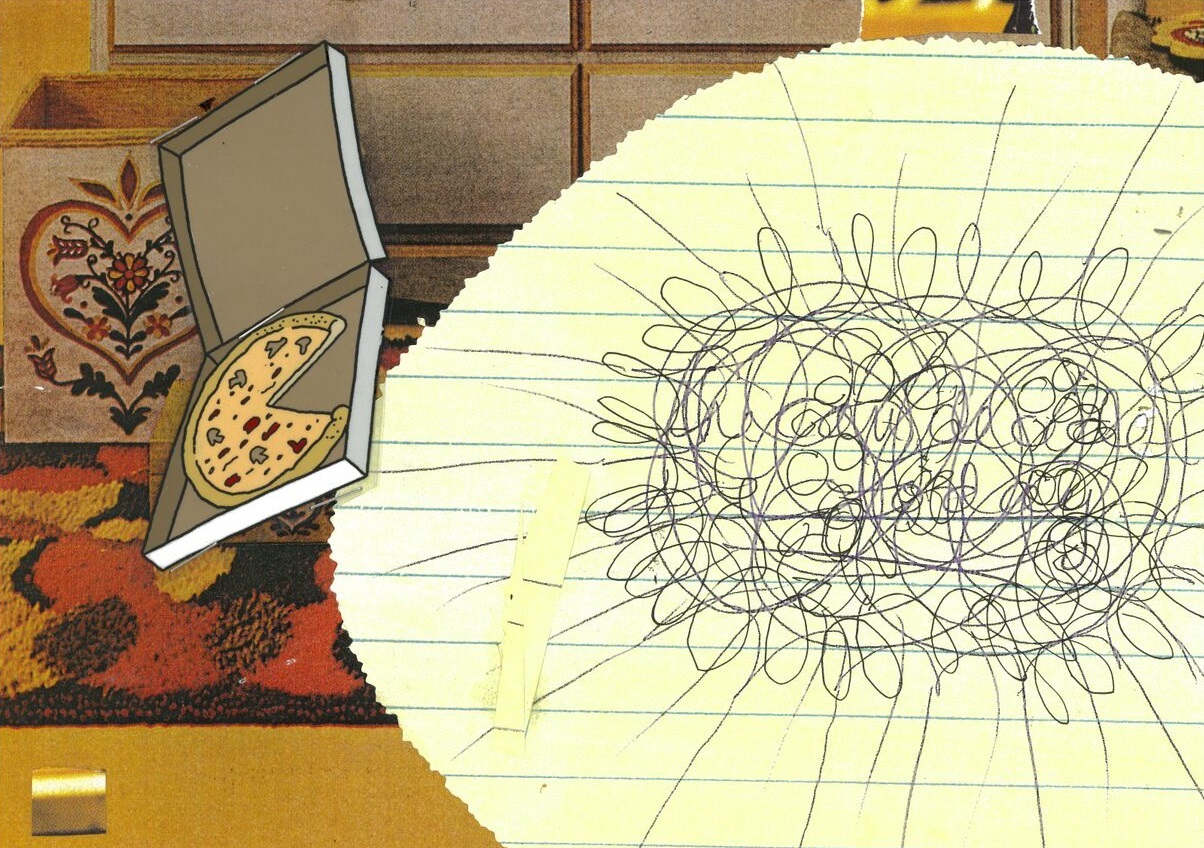 Doodle 8.5 X 11 inches collage, ink, painted mylar cell, archival paper