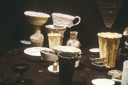 Installation at Windows on White, 1985 found objects, silicone, acrylic paint, caulk, glass