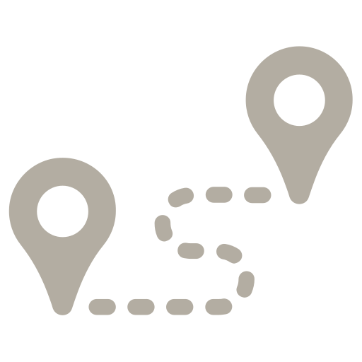 Map with two location markers connected by a dotted path.