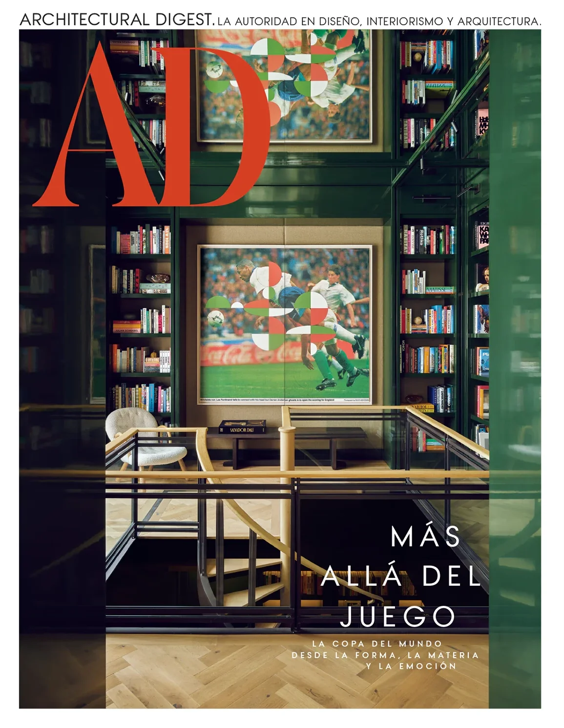 Magazine cover titled 'Architectural Digest' in Spanish, featuring an interior with bookshelves, colorful geometric overlays, and a large framed image of a soccer match with players in action.