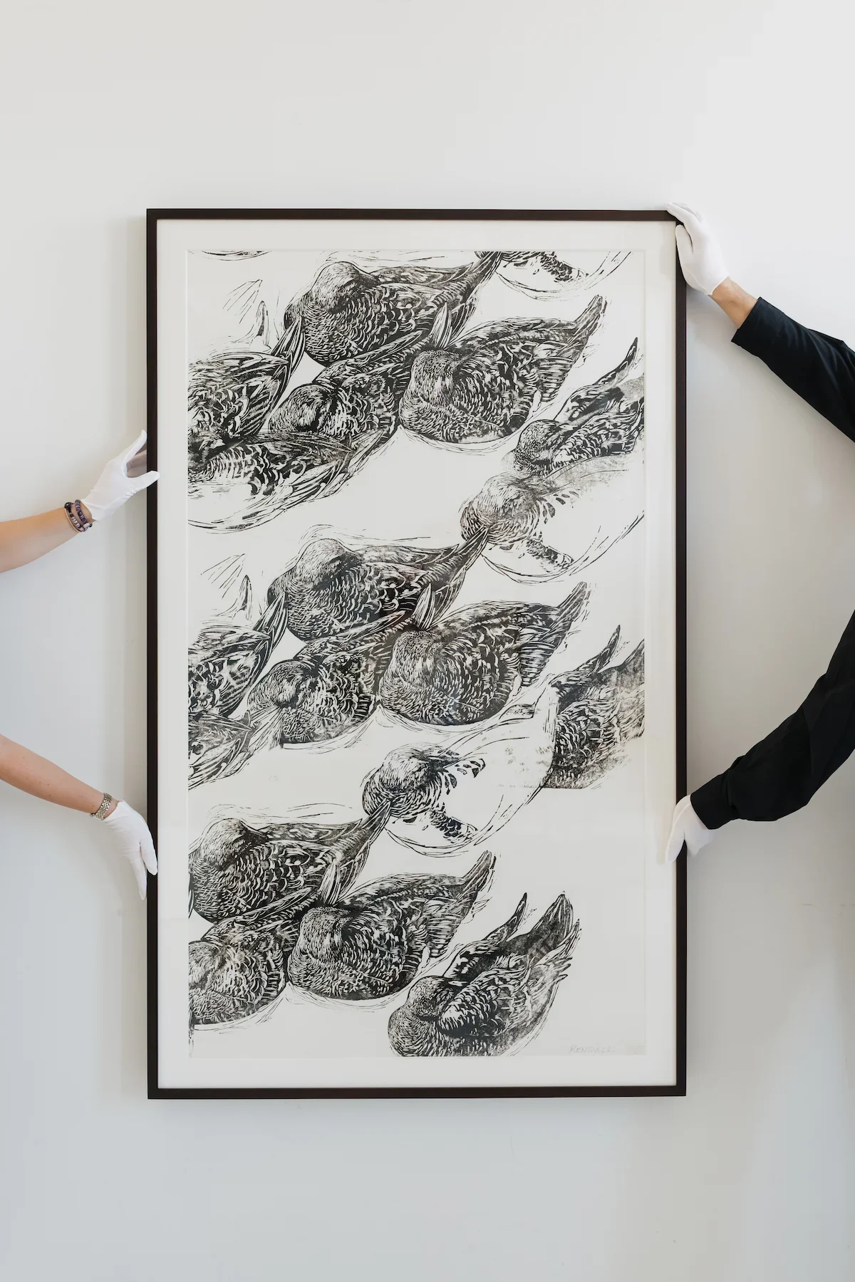 Keith Rendall Eider Ducks woodcut being installed in a residential interior.