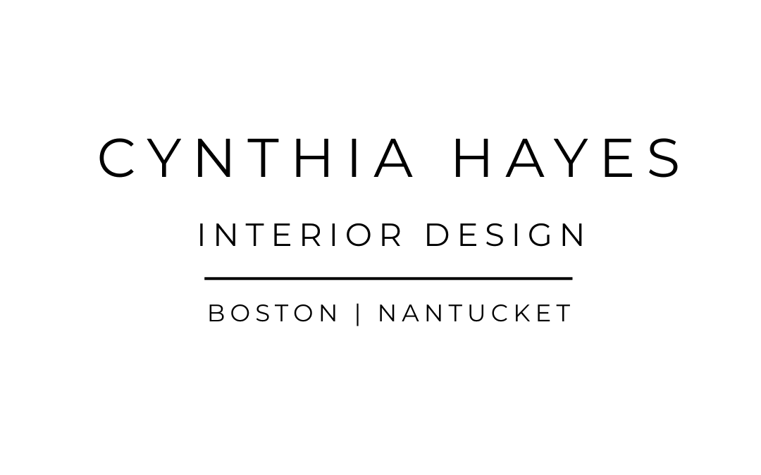 Business logo for CYNTHIA HAYES INTERIOR DESIGN in black and white, featuring the name, services, and locations Boston and Nantucket.