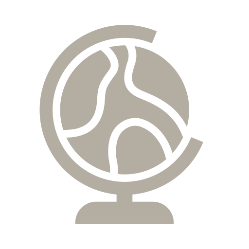Stylized icon of a globe on a stand with continents outlined in black and a circular orbit around it.