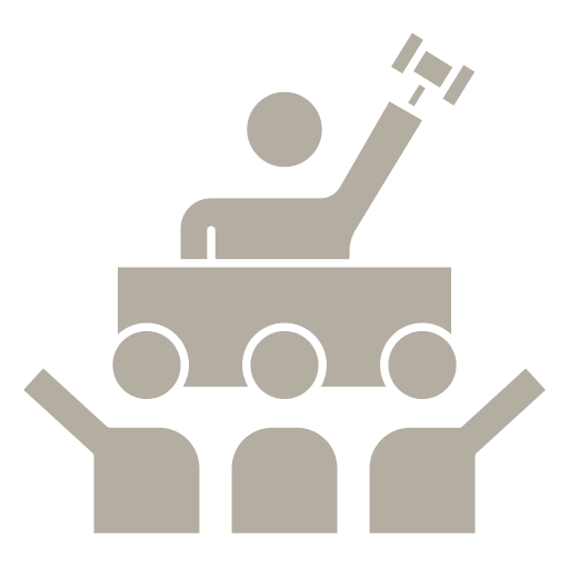 Silhouette of a person in a wheelchair raising one arm with a thumbs-up gesture, with two other people standing beside them, waving.