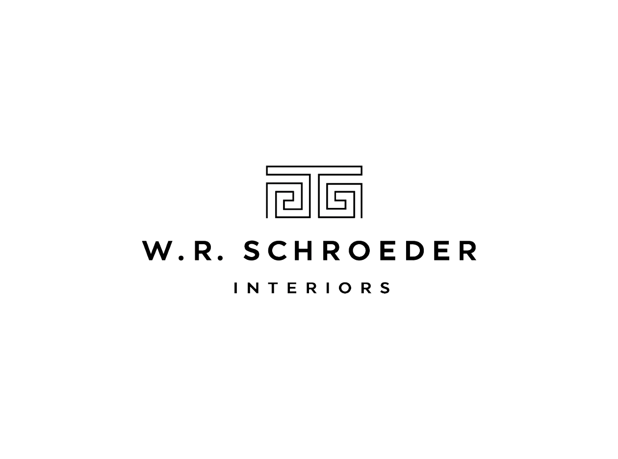 Black background with white logo and text for W. R. Schroeder Interiors, featuring a square maze design above the name.