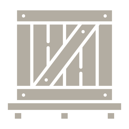 Front view of a wooden crate with a diagonal support inside, resting on four small stands.