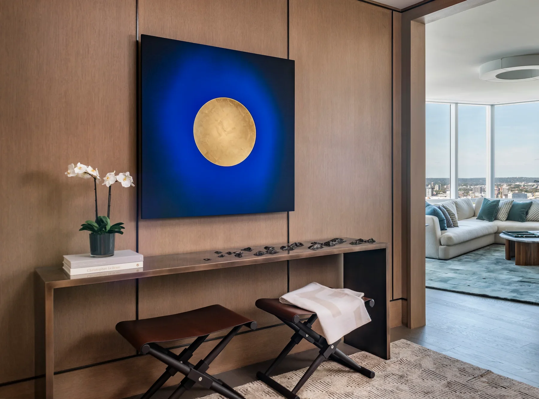 Lita Albuquerque gold-toned panel installed in a contemporary residence.