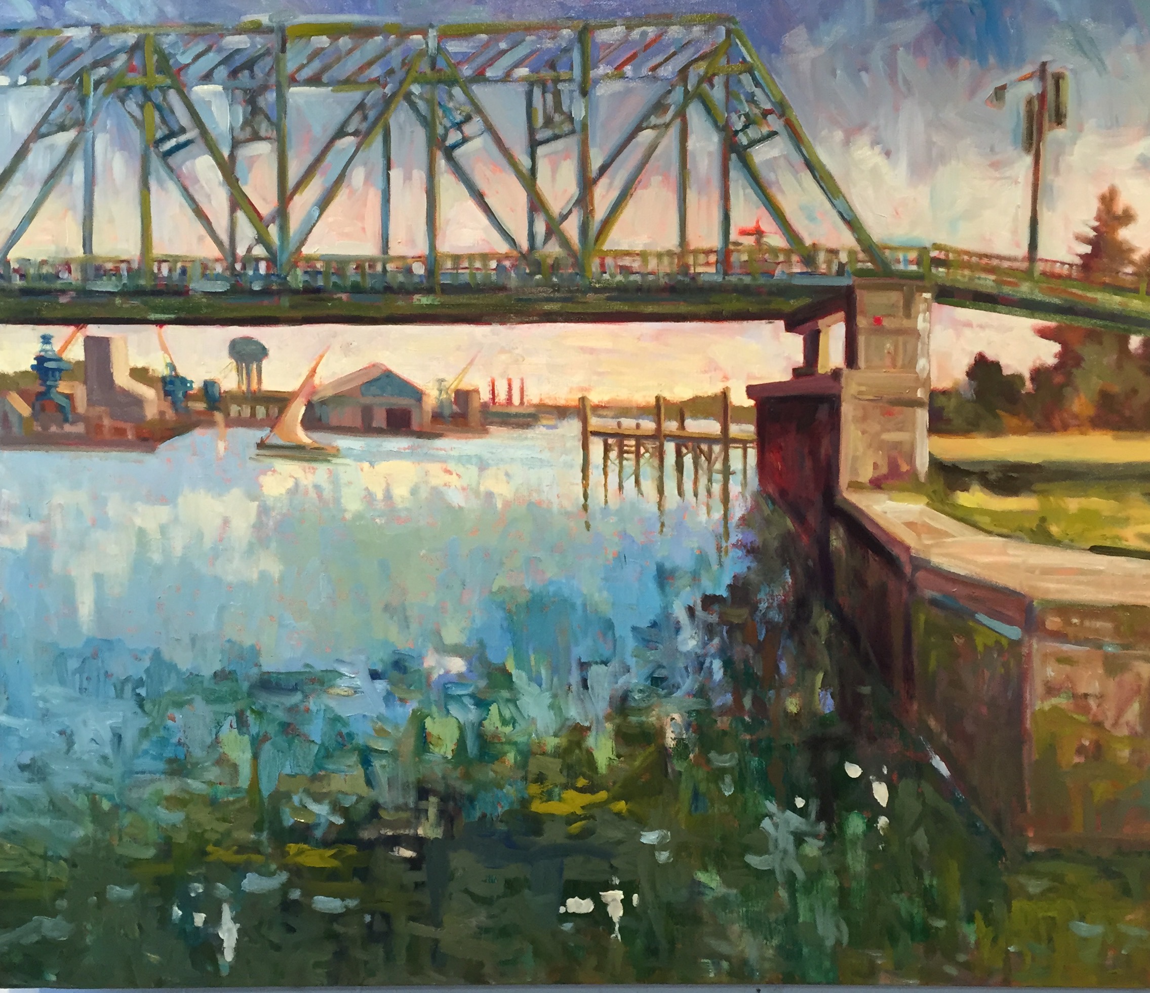 Memorial Bridge w Sail Boat, oils, 36 x 36