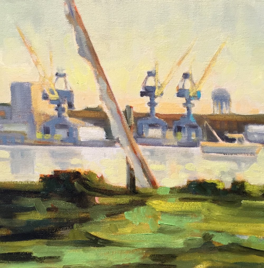 Gundalow n Cranes, oil, 12 x 12