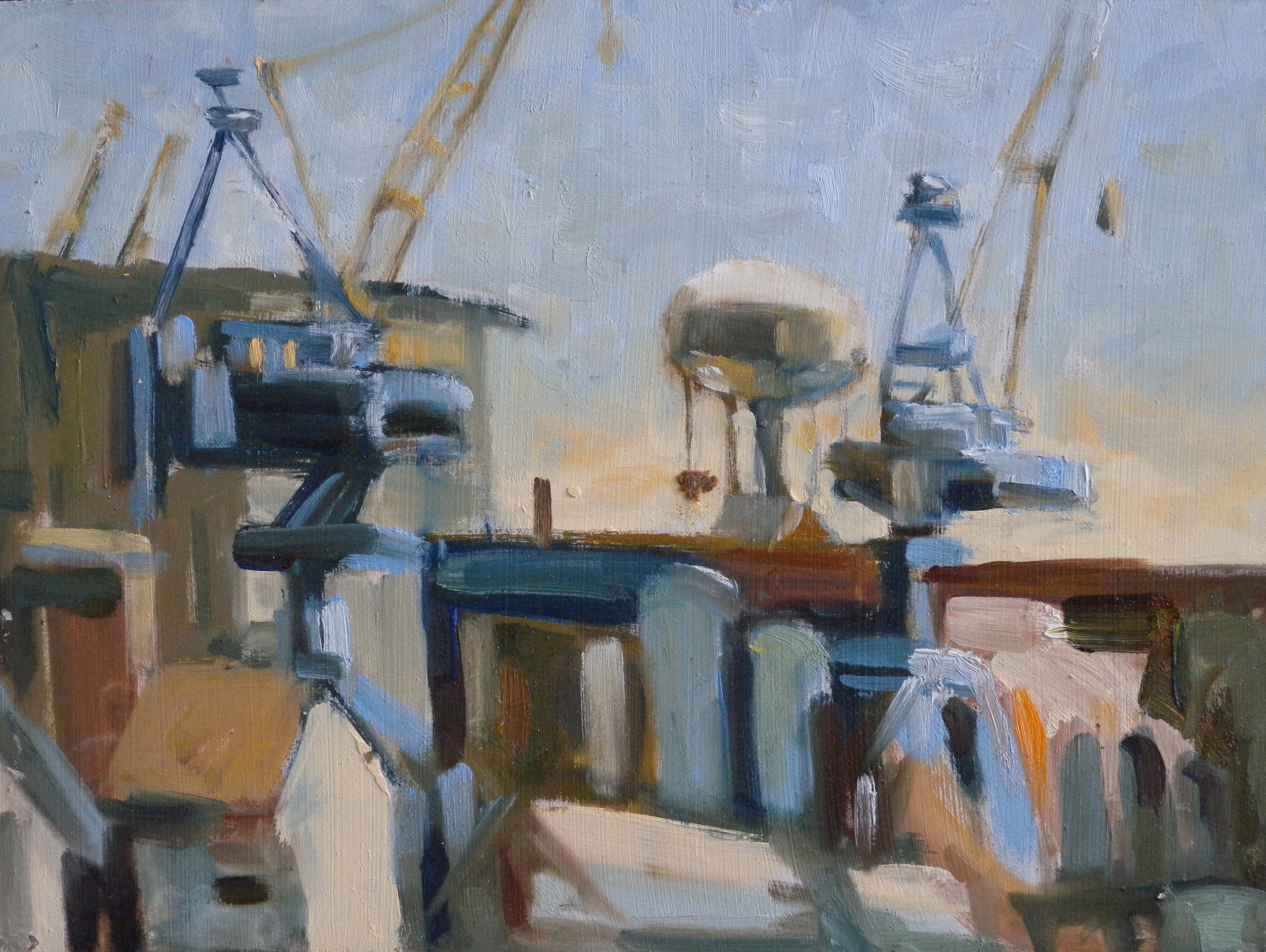 Two Crane w Tower, oils, 9 x 12
