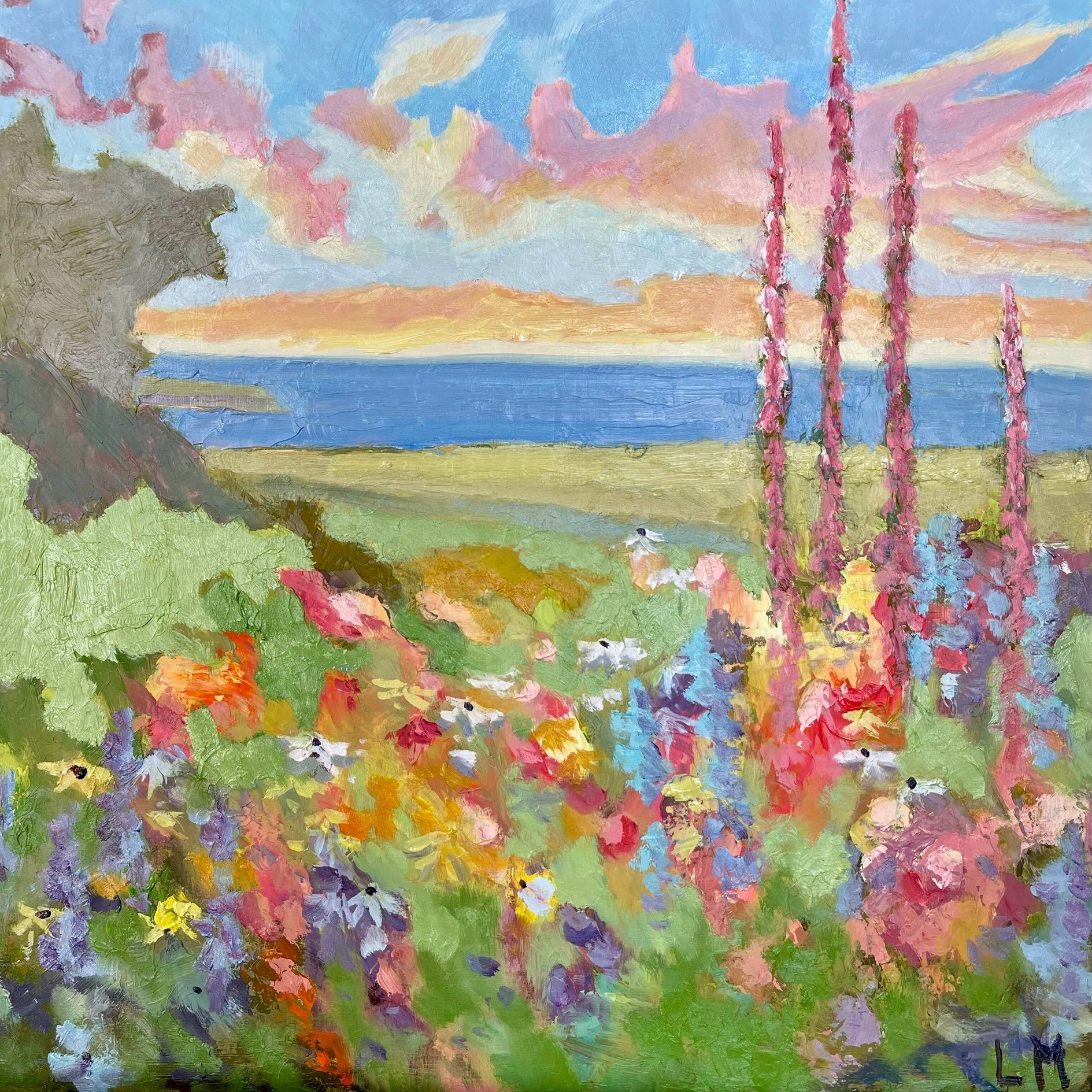 Celia's Hollyhocks, oils, 8x8