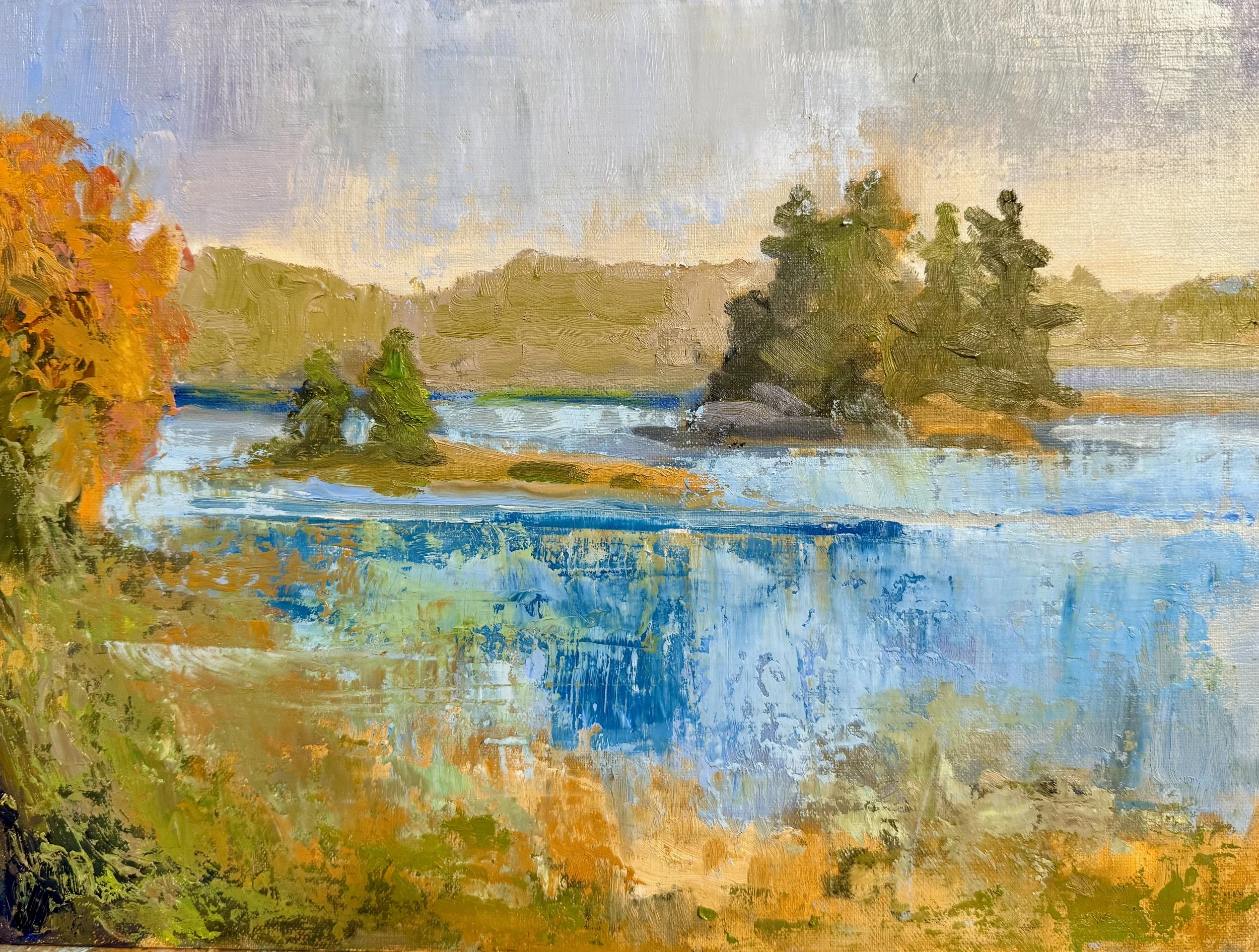 Sagamore Creek, oils, 9× 12. Painted en plein air at Carey Cottage, Creek Farm, Portsmouth, NH.