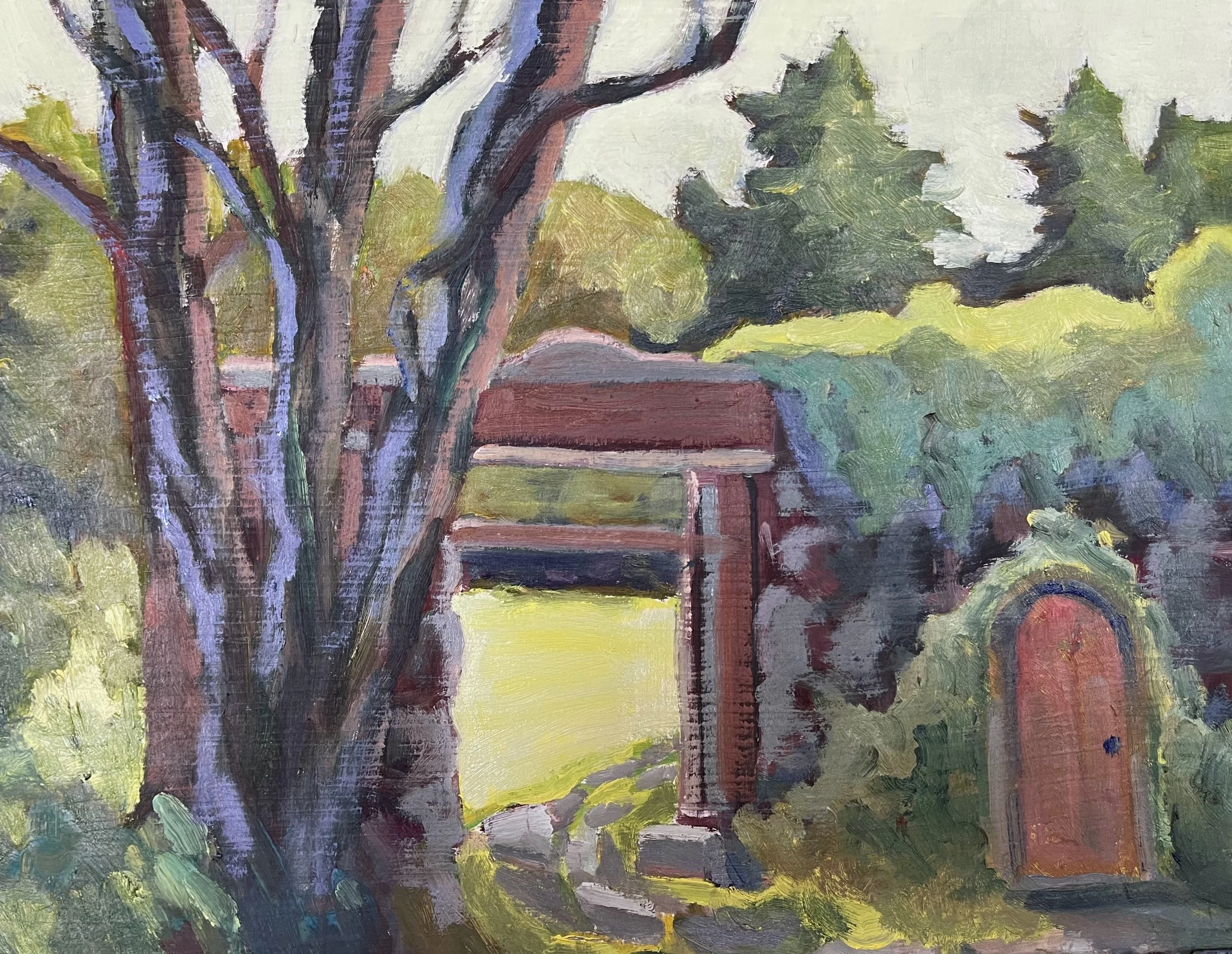 The Green Gate, oils, 12 x 12