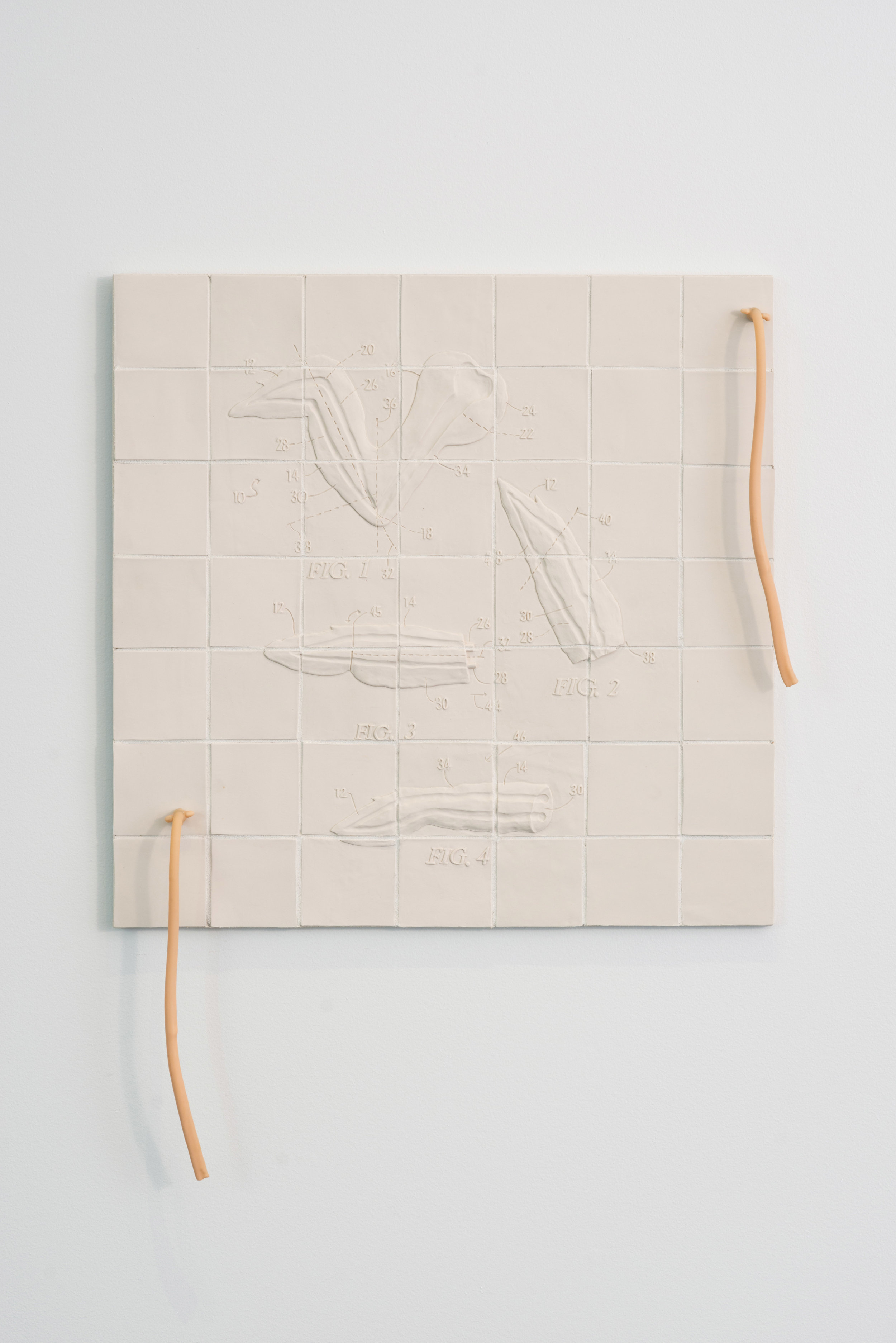   Flats and Rounds  2018 Porcelain, Grout, Hardware, Latex tubing, Silicone 31”H x 31”W x 3”D  Photograph courtesy of MCA Denver   