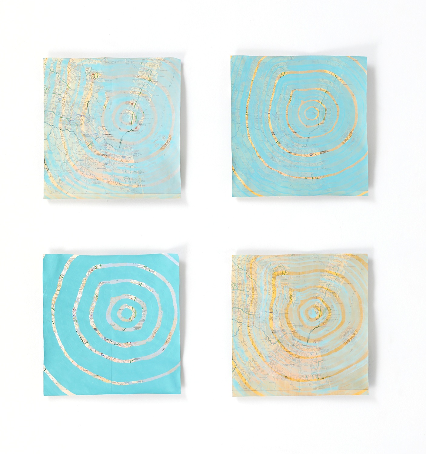 Chesapeake Bay Impact Crater on VA Scenic Route Map , 2019, gauche and watercolor (water from Jamestown) on map, 8x8” each