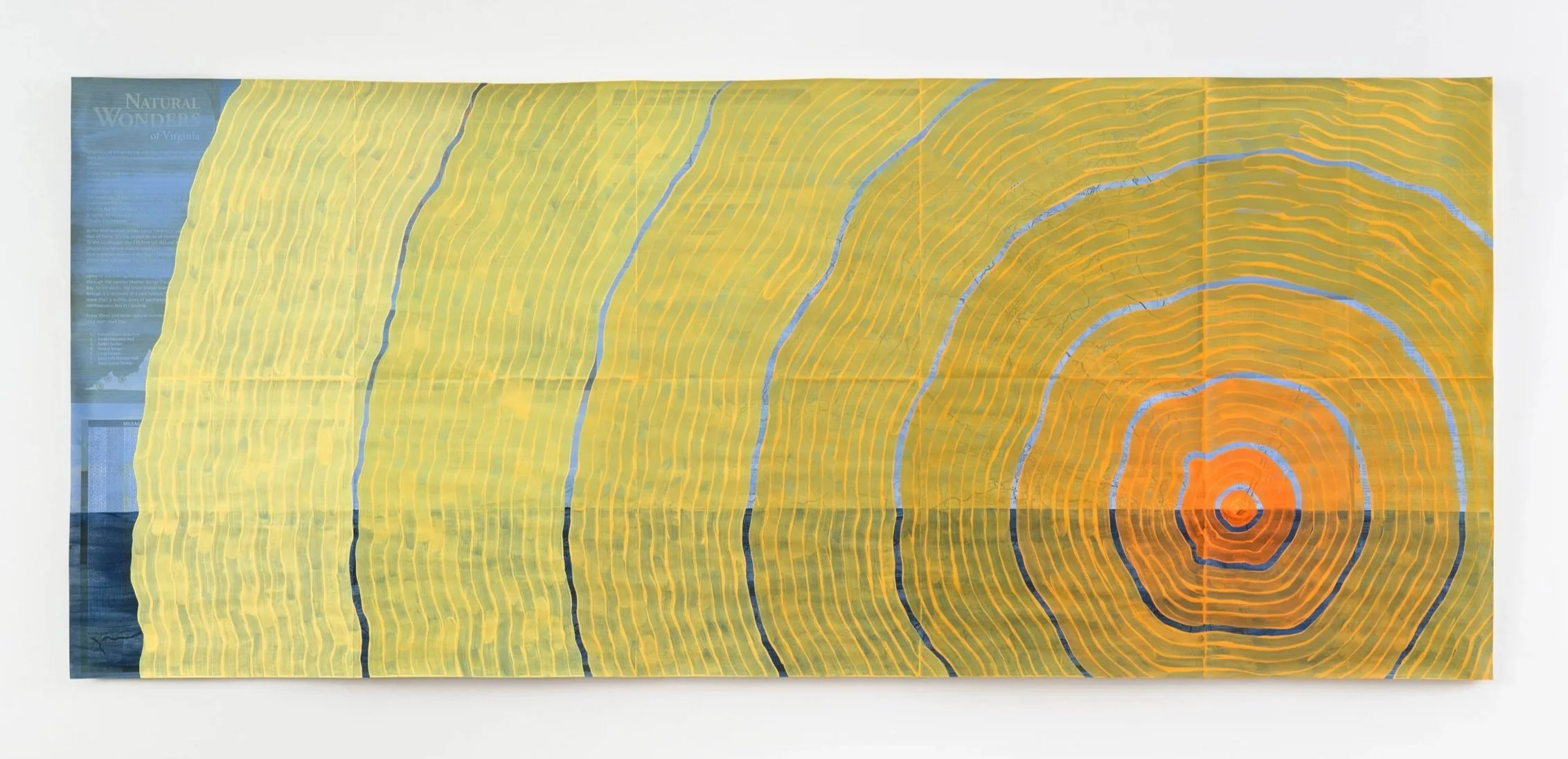 ‘Sonic Boom’ 44×19”, gouache and acrylic on Virginia road map, 2025 (from the Chesapeake Bay Impact Crater series)