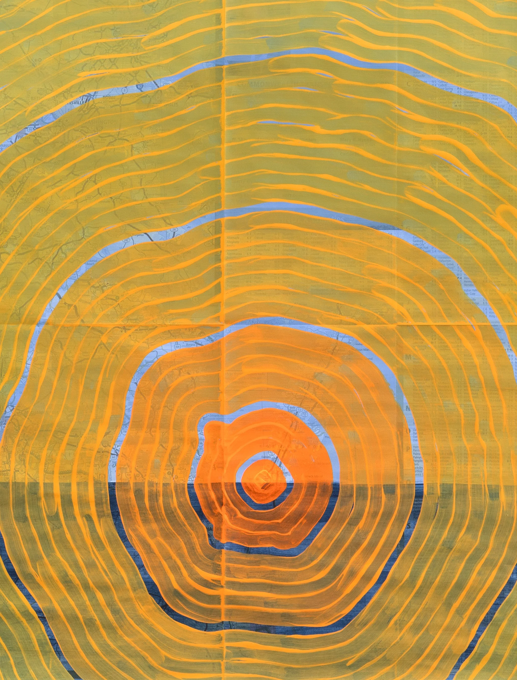 ‘Sonic Boom’ detail, 44×19”, gouache and acrylic on Virginia road map, 2025 (from the Chesapeake Bay Impact Crater series)